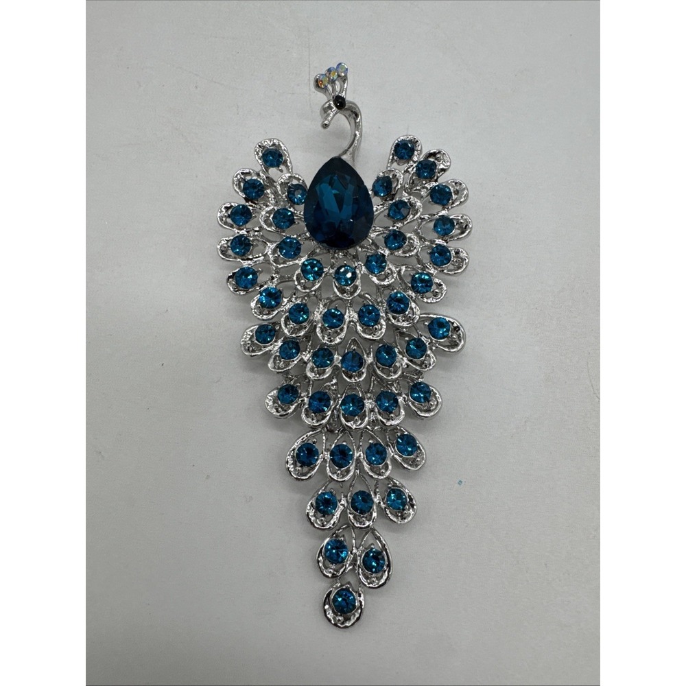 Rhinestone Elegant Blue Peacock Brooch Dangling Feathers Crystals Silver Tone 4"